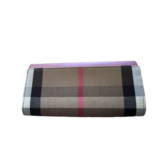 $630 BURBERRY HALTON RED LEATHER Mauve Pink CANVAS FLAP CONTINENTAL WALLET - Picture 3 of 8